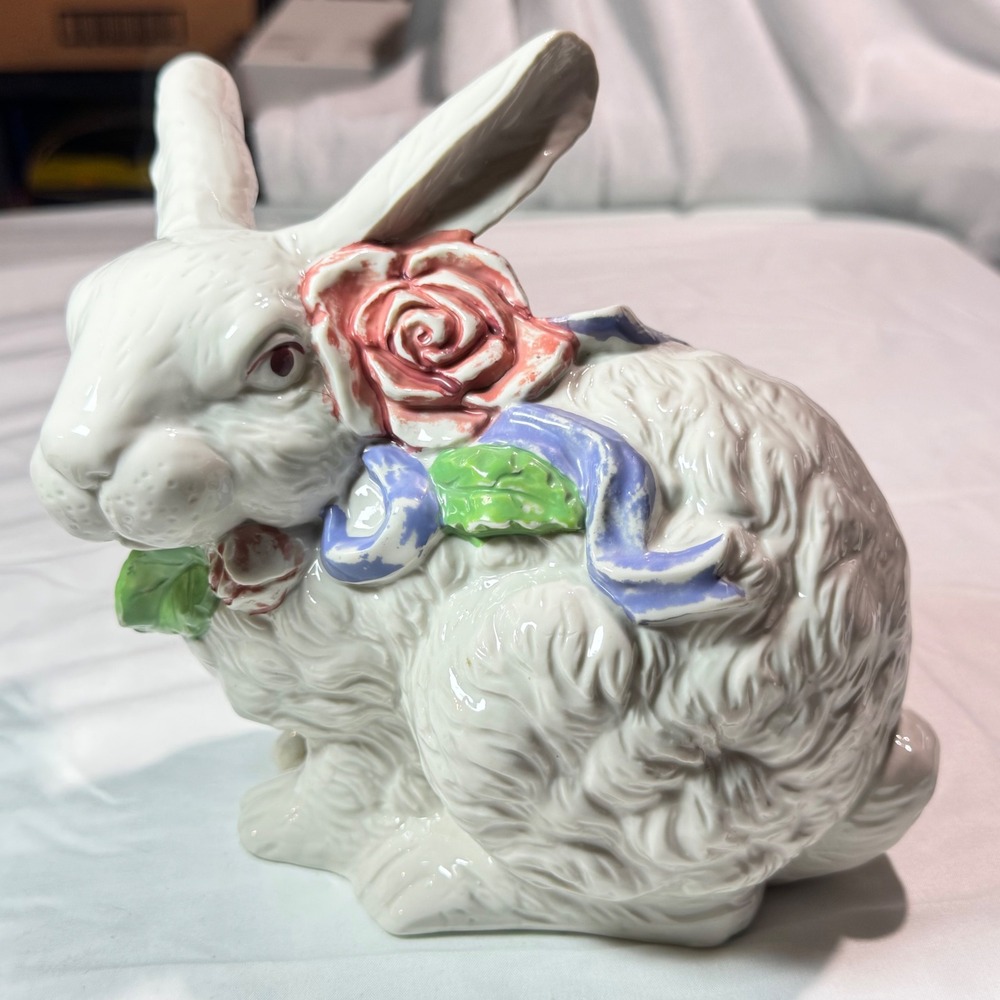 Hand Painted Ceramic Easter Bunny Figurine Pink Rose Blue Ribbon 7in